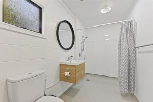a bathroom with a toilet and a sink and a mirror at Harbour View on Buller in Picton +21 photos