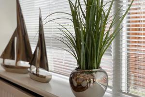 a vase with plants in it sitting on a window sill at Ferienwohnung Goede Tiid in Tinnum