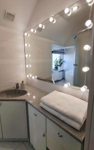 a bathroom with a sink and a large mirror at Cozy Garden Villa in Ventspils +23 photos