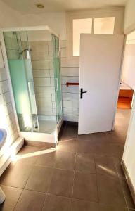 a bathroom with a shower and a white door at Villa SURF Situation exceptionnelle à 3 min à pied de la plage de Pors Carn Pour 5 personnes Authentique Bien équipée Jardin & BBQ Parking privatif in Penmarch +12 photos