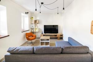 a living room with a couch and a television at Hisa Bubi in Tolmin