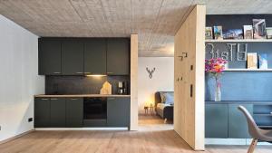 a kitchen with green cabinets and a living room at Haus am FELS Steinbrech in Hermagor +11 photos