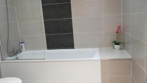 a bathroom with a bath tub with a potted plant at Modern Studio Near Gatwick in London Gatwick Airport +10 photos