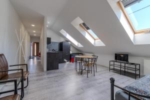 a kitchen and living room with a table and chairs at Apartmány Holiday in Ostrava