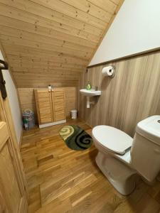 a bathroom with a toilet and a wooden floor at Chalupa Nella in Velké Karlovice +26 photos