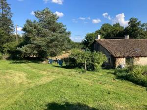 a yard with an old barn and a tree at Longère en campagne in Maisonnay