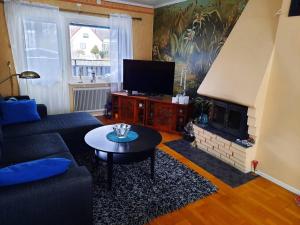 a living room with a couch and a tv at Workers Stay - Housing for Workers Volvo Torslanda in Gothenburg