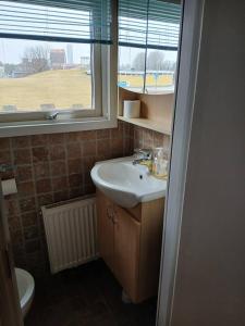 a bathroom with a sink and a window and a toilet at Workers Stay - Housing for Workers Volvo Torslanda in Gothenburg