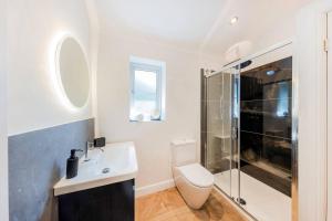 a bathroom with a toilet and a sink and a shower at Greenwood House in Whitegate +29 photos