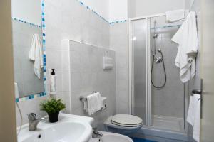a bathroom with a shower and a toilet and a sink at Hotel Centrale in Pineto