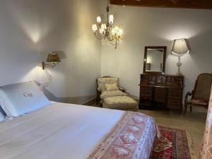 a bedroom with a bed and a mirror and a chair at Casa Malinalco Hotel Boutique & Restaurante in Sotosalbos