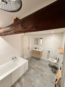 a bathroom with a white tub and a toilet at La Fornaccia in Anloo