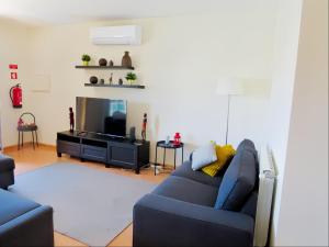 a living room with a blue couch and a tv at Casal do Porto - Um refugio de férias in Vila Verde