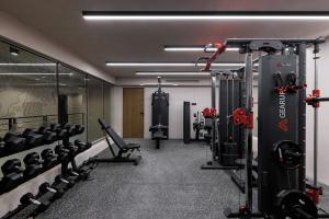 a gym with lots of equipment in a room at Crimson View Villa by Hide Out in Ios Chora