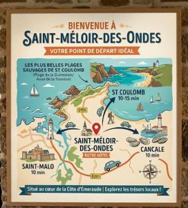 a sign for the island of saint meloir des olivias with a map at Le Duplex t2 étoilé in Saint-Méloir-des-Ondes