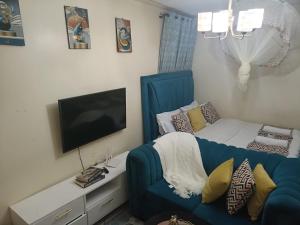 a living room with a blue couch and a tv at Soney Homes in Nairobi +2 photos