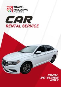 a car rental service banner with a white car at Central City Puskin Street in Chişinău +3 photos