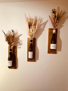 three bottles of wine with dried flowers in them at Le Petit Millésime - Homillesime in Dijon