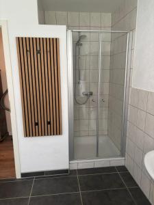 a shower with a glass door in a bathroom at Auszeit in Bad Sobernheim