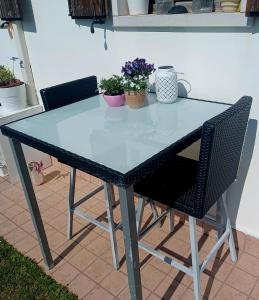 a blue table with two chairs and two potted plants at Maison Margherita in Calmasino