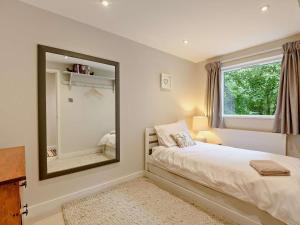 a bedroom with a mirror and a bed and a window at 3 Bed in Brockenhurst oc-47431 in Beaulieu