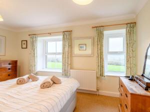 a bedroom with a bed and two windows and a television at 2 Bed in Swanage oc-dc068 in Langton Matravers