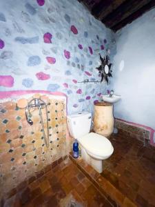 a bathroom with a toilet and a rock wall at Chambres et table d'hôtes Caracalla in Douar Doukkara