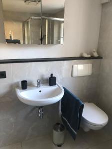 a bathroom with a white sink and a toilet at Ferienwohnung "Kleiner" EIFELTRAUM in Mettendorf