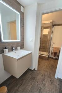 a bathroom with a white sink and a mirror at Le Petit Beurre de cacahuète et Le Poivre et Sel in Fully +9 photos