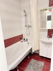 a bathroom with a white tub and a sink at Apartments Chaiky Kyiv in Chayky