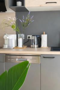 a kitchen with a counter with pots and pans at Suites am Herzogberg in Brunn am Gebirge