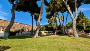 a park with palm trees and a building at EVH114 Casa con piscina comunitaria in Altafulla