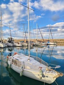 a white sailboat docked in a harbor with other boats at Jack Sparrow in Puerto de Gandía