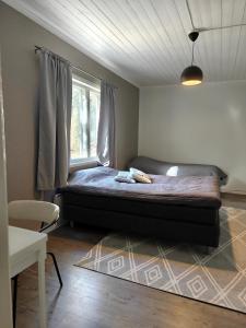 a bedroom with a bed with a window and a table at Majoitus Eura in Kauttua