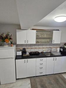 a kitchen with white cabinets and a black counter top at Studio Superior Iris in Baile Felix