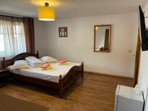 a bedroom with a bed with two pillows and a mirror at La Ceaune & Hanul Ceaunelor Voronet in Voronet