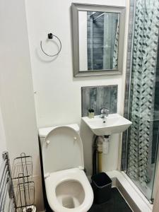 a bathroom with a toilet and a sink at 26 Station Way in Cheam
