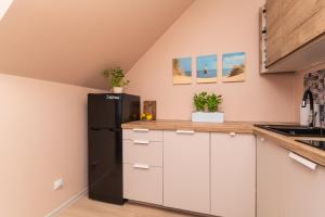 a kitchen with white cabinets and a black refrigerator at Apartament P27 in Sztutowo