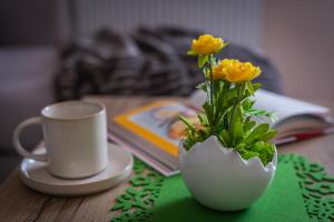 a table with a cup and a vase with yellow flowers at Apartament P27 in Sztutowo