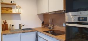 a kitchen with a sink and a stove top oven at Alpenlodge LEO in Mittenwald