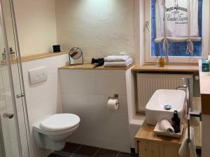 a bathroom with a toilet and a sink at Landhaus Wahmbeck in Wahmbeck +27 photos