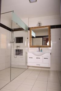 a bathroom with a sink and a shower and a mirror at Hotel Kotva in Bratislava +23 photos