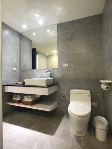 a bathroom with a toilet and a sink and a mirror at 稻花香民宿 in Chishang