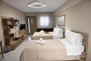ein Hotelzimmer mit zwei Betten und einem Fernseher in der Unterkunft Hotel Vasilis Nafplio in Nafplio + 25 Fotos