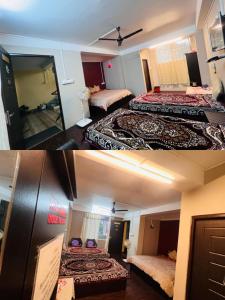 two pictures of a hotel room with two beds at Duke's RestHome in Kalimpong