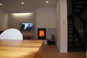 a living room with a fireplace and a tv on a wall at Kwiatowe Zacisze in Szczyrk