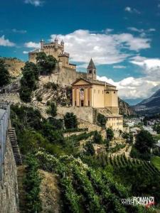 a castle on top of a hill with vines at Appartamento Pommier 2 in Saint-Pierre