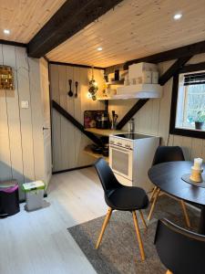 a kitchen with a table and chairs in a room at Eidsviklaaven in Ålesund