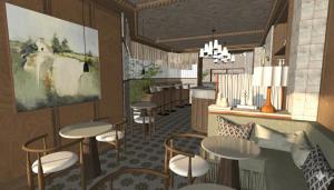 a rendering of a restaurant with tables and chairs at Villa Nord in Trondheim
