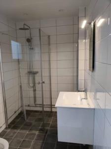 a bathroom with a shower and a sink and a toilet at Workers Stay - Temporary House Gothenburg in Gothenburg